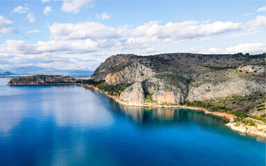 Aerial seascape near Nafplio Coast and Karathona Beach winter day in Mediterranean Sea Greece