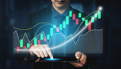A businessman analyzes financial data on a tablet, surrounded by digital stock market graphs showing dynamic trends and a focus on growth and investment. Impute