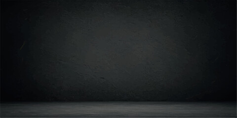 Empty dark grunge room interior with concrete floor and textured wall, studio background