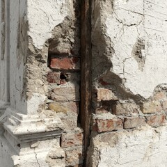 Naklejka premium A weathered section of aged brick and plaster wall shows signs of decay and time's passage.