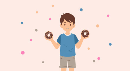 Fototapeta premium A Young Boy Smiles While Holding Two Donuts With Attractive Colors and Design