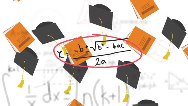 A digitally generated image of a graduation, with hats and notebooks falling on a black background