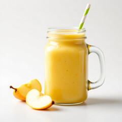 Pear smoothie jar with straw, tropical fruity shake, refreshing organic beverage, healthy vegan detox drink, summer fresh blend, isolated on clean white background