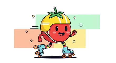 Fototapeta premium A Joyful Tomato Character Skating Happily With Protective Helmet and Cheerful Expression