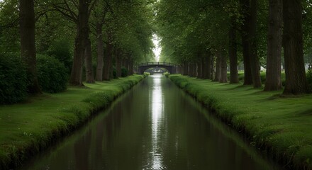 Fototapeta premium Serene Canal Scene: Tree-Lined Pathway Leading to a Bridge