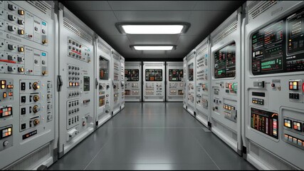 Futuristic data center corridor featuring advanced control panels, illuminated buttons, digital displays, glowing lights, metallic walls - Powered by Adobe