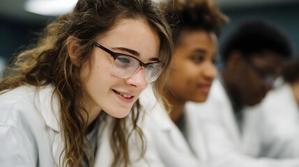 Diverse group of teenagers collaborating in a chemistry lab