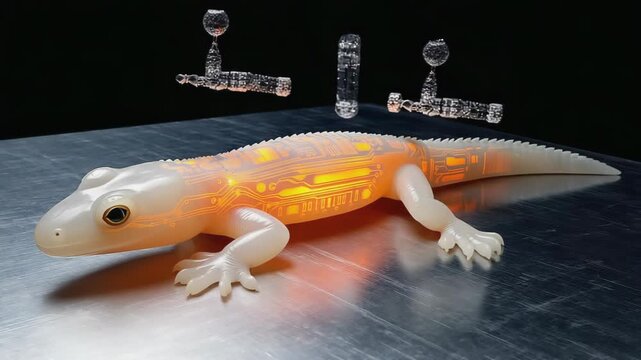 Bioprinting technology creating an artificial transparent lizard with glowing circuits, showcasing advancements in bioengineering and synthetic biology