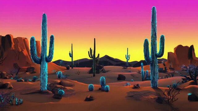 Bioluminescent cacti create a surreal and otherworldly atmosphere in a desert landscape at night, with a starry sky and distant rock formations adding to the magical ambiance