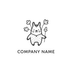 Cute cartoon bunny holding flowers in a simple line art style.