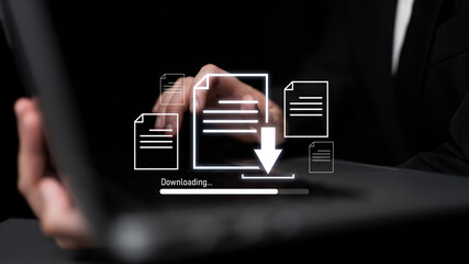 Visual representation of digital document downloading, showing file transfer, data access, and progress status for secure and efficient information retrieval Latch
