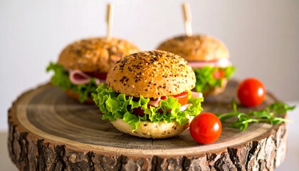 Three small ham and tomato sandwiches on a wooden platter