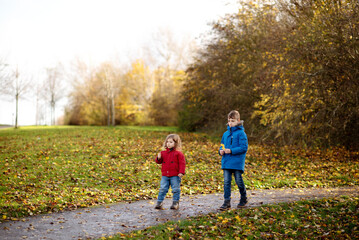 Two children walking together along a park path surrounded by autumn trees and fallen leaves.
