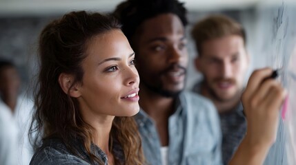 Fototapeta premium A team brainstorms marketing ideas around a whiteboard in a creative agency office long title A diverse team of creative professionals engages in a