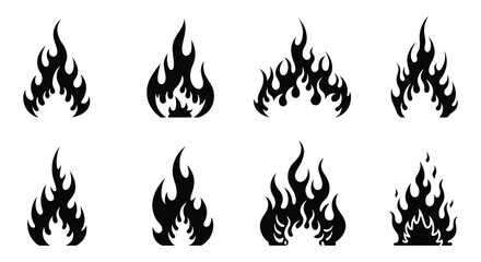 Collection of various black flame icons on a white background