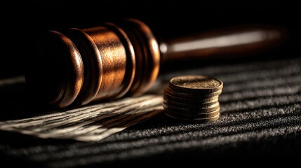 Gavel shadow over money pile symbolizes corruption legal ethics violation bribery fairness justice conflict authority law misconduct accountability dishonesty consequences reform governance