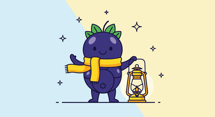 Adorable Berry Character With Scarf and Lantern Shining Through the Night Adventure