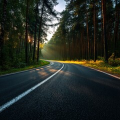 Fototapeta premium An empty road leading through a dense forest, with sunlight piercing through the trees