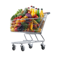 A full shopping cart overflowing with fresh fruits vegetables and bottled drinks isolated on transparent background