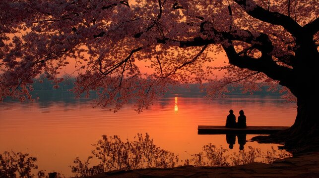 Couple sits under cherry blossom tree at sunrise
