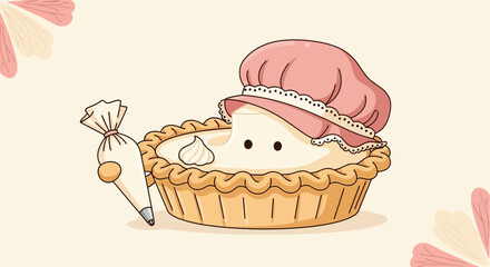 Adorable Cartoon Pie Character Delights With Freshly Whipped Cream and Sweet Treats