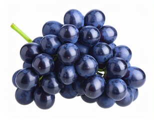 Fototapeta premium Fresh, ripe bunch of dark blue grapes with a green stem on a clean white background.