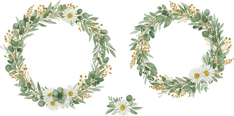 Watercolor floral wreaths with white daisies and green leaves on white background