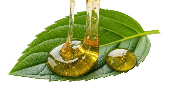 Nature's elixir golden liquid pouring onto vibrant green leaf for organic wellness