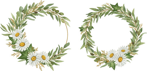 watercolor floral wreaths with daisies and greenery on white background