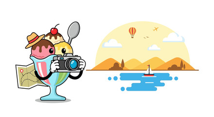 Fototapeta premium An Ice Cream Sundae Takes Pictures On Vacation Representing Summer Adventures and Memories