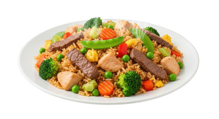 Fototapeta premium Delicious mixed fried rice with chicken beef and fresh vegetables top view