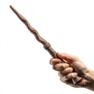 A magical wand held in a person's hand, ready to cast spells. It is carved from wood, with an intricate design. The person is holding the wand with a firm grip