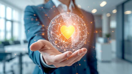 Customer Loyalty and Satisfaction. person is holding a stylized, glowing sphere that is made up of a complex network of lines and dots, symbolizing customer data and relationships. 