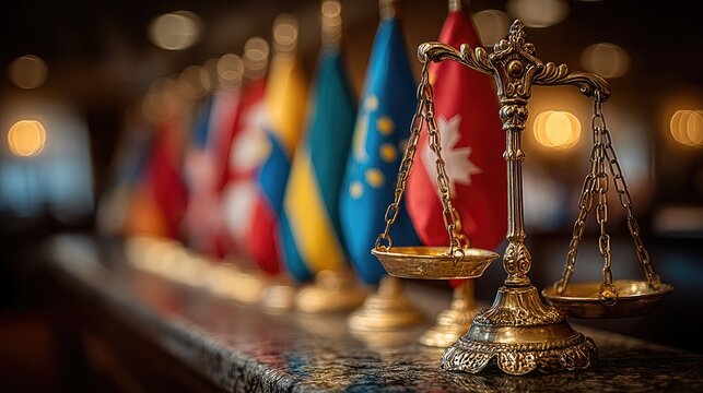 International justice summit with flags and balance scale centerpiece symbolizes diplomacy, fairness unity, global law ethics, governance accountability, structure compliance peace