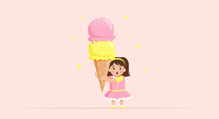 Adorable Illustrated Girl Holding Massive Ice Cream Cone with Delight and Surprise