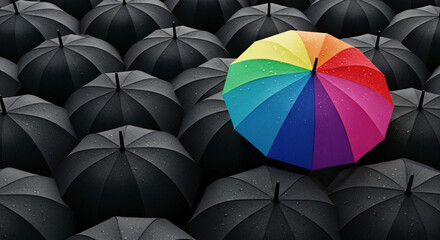 Stand‑Out Rainbow Umbrella Among Black Umbrellas