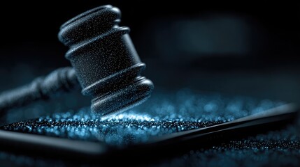 Judge hammer raised above digital device displaying justice app symbolizes law evolution, fairness power, ethics tech merge, governance, structure, compliance, accountability, protection