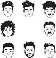 Diverse Men's Faces with Various Hairstyles - Vector Illustration