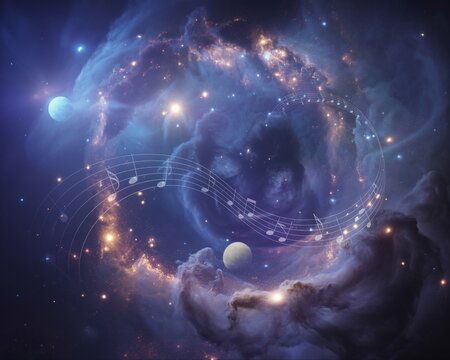 Cosmic Nebula with Planets and Musical Notes Swirling in Space galaxy cosmos
