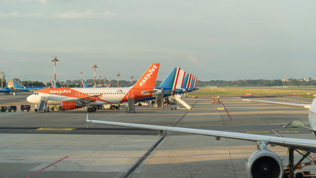 Easyjet e ITA Airways airplanes parked at LIN, Linate Milano international airport