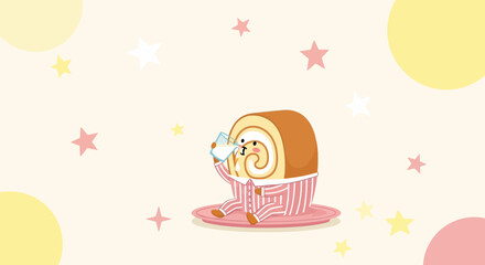 Fototapeta premium Adorable Swiss Roll Character Drinking Milk, Sweet Illustration With Pastel Starry Background