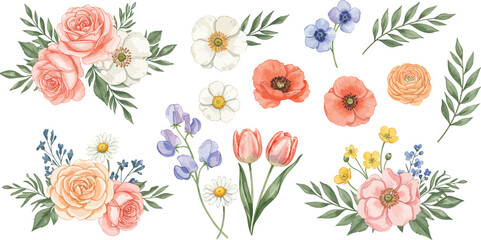 A collection of colorful flowers and leaves on a white background