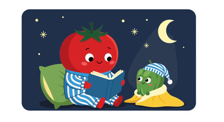 Fototapeta premium Adorable Tomato And Pepper Enjoy Nighttime Story With Book In Cozy Setting