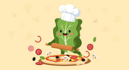 Naklejka premium Animated Chef Lettuce Delivers Freshly Baked Pizza For A Culinary Celebration