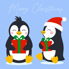 Set of two cute christmas penguins with gift boxes on blue background. Vector illustration in flat cartoon style for greeting cards, season greetings, web, wrapping papper end other design.