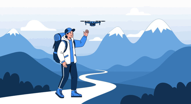Adventurer Greetings Drone Amidst Majestic Peaks Capturing Scenic Moments For Inspiration