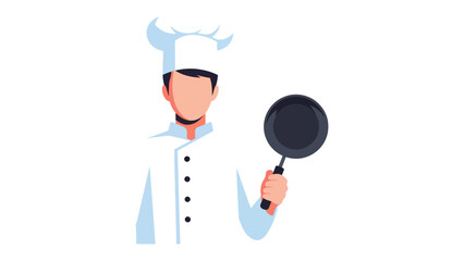 Culinary Craft: An illustrative chef, clad in crisp whites and a towering toque, brandishes a gleaming frying pan, symbolizing the art of cooking and culinary expertise.