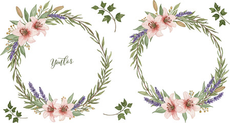 Watercolor floral wreaths with pink flowers and lavender on white background