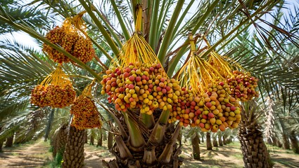 Fototapeta premium Date Palm Tree with Ripe Dates Hanging in a Lush Tropical Plantation Offering Healthy and Natural Food