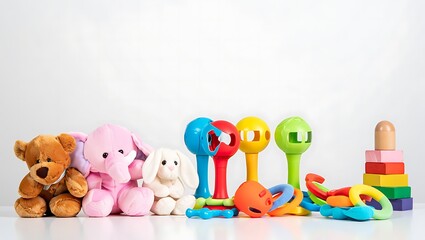Obraz premium Collection of colorful baby toys and stuffed animals arranged on a white background